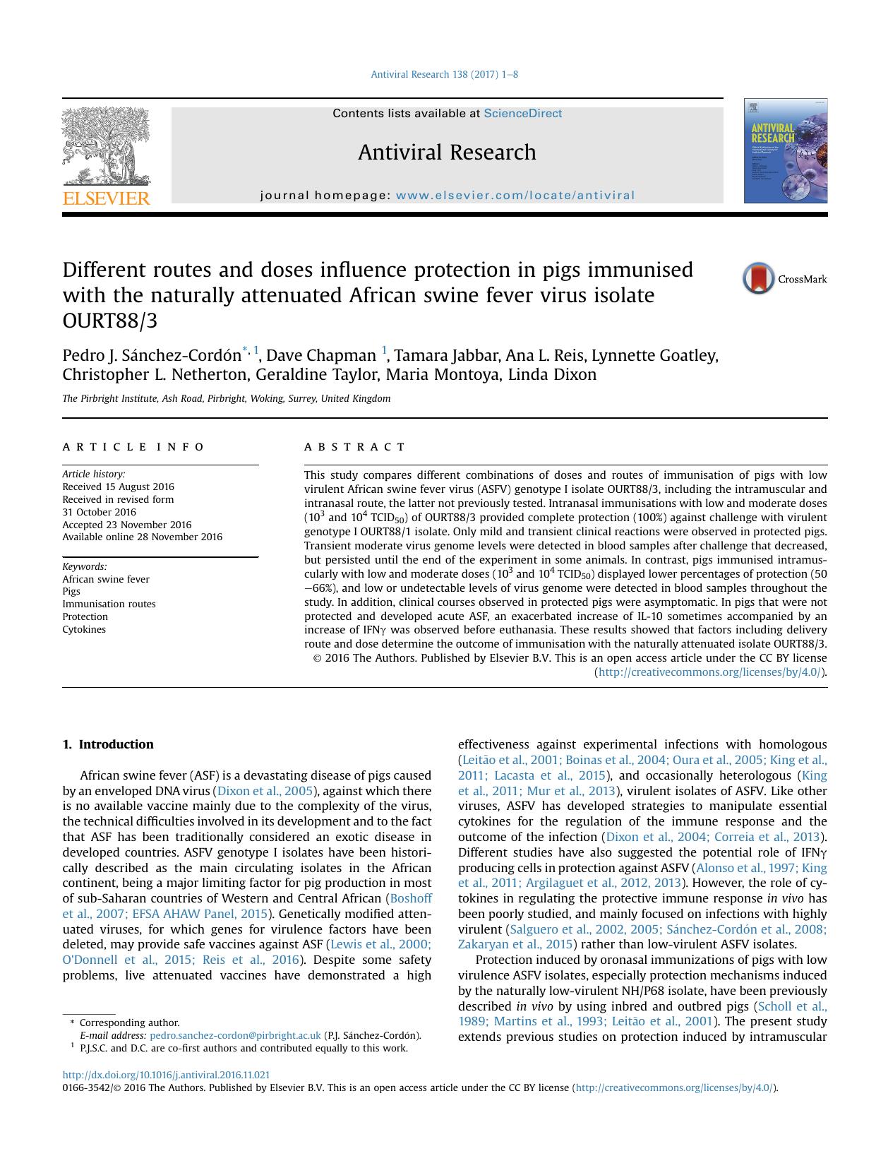 Different routes and doses influence protection in pigs immunised with the naturally attenuated African swine fever virus isolate OURT883 by unknow