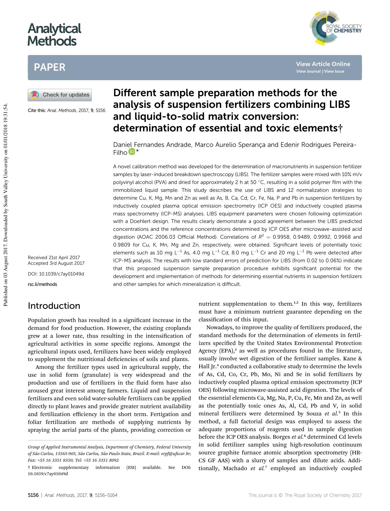 Different sample preparation methods for the analysis of suspension fertilizers combining LIBS and liquid-to-solid matrix conversion: determination of essential and toxic elements by Daniel Fernandes Andrade & Marco Aurelio Sperança & Edenir Rodrigues Pereira-Filho