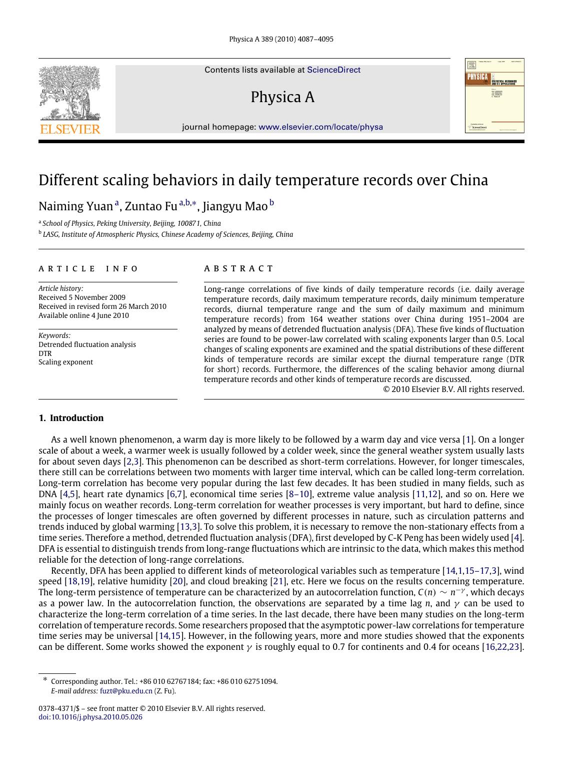 Different scaling behaviors in daily temperature records over China by Naiming Yuan; Zuntao Fu; Jiangyu Mao