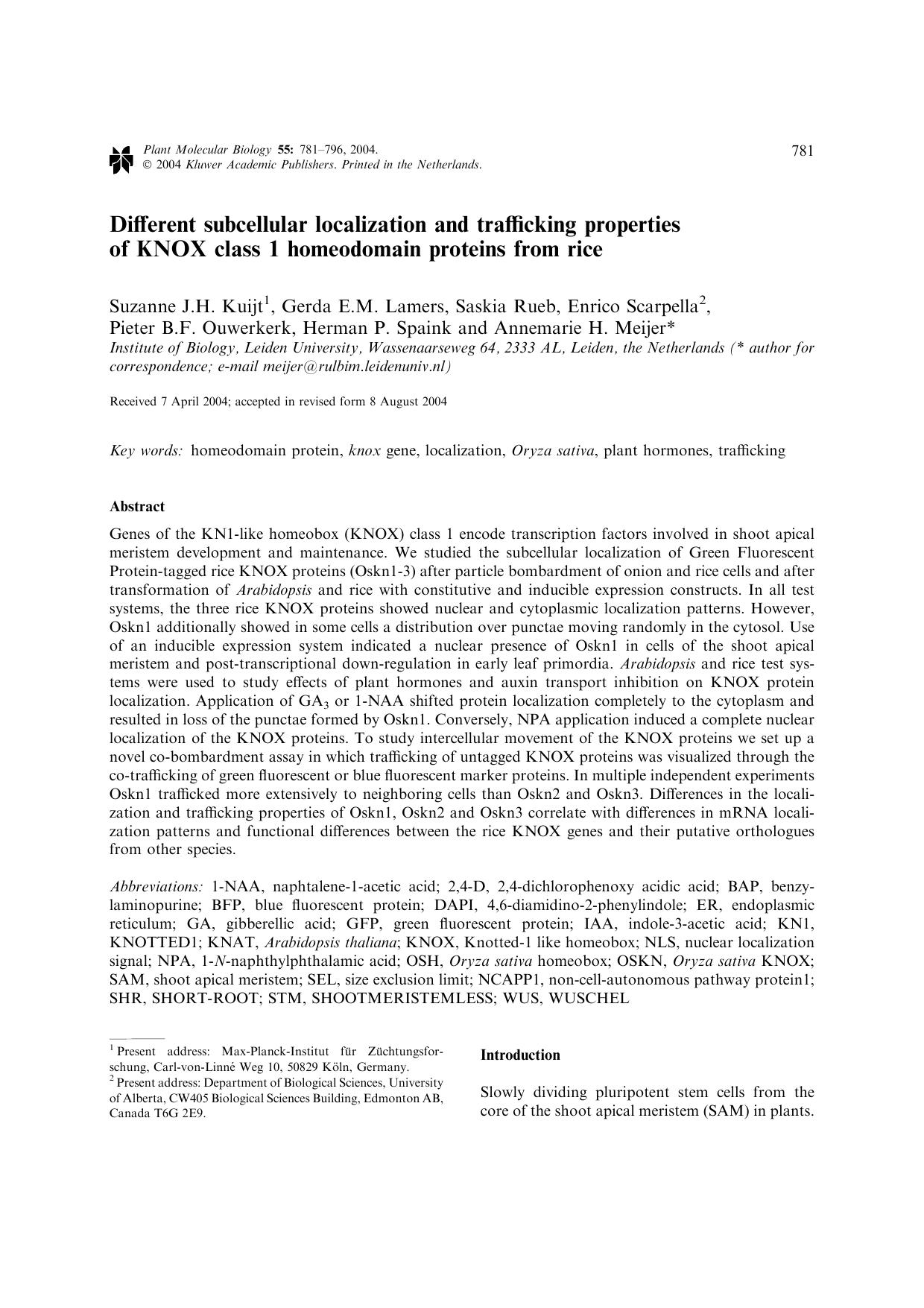Different subcellular localization and trafficking properties of KNOX class 1 homeodomain proteins from rice by Unknown