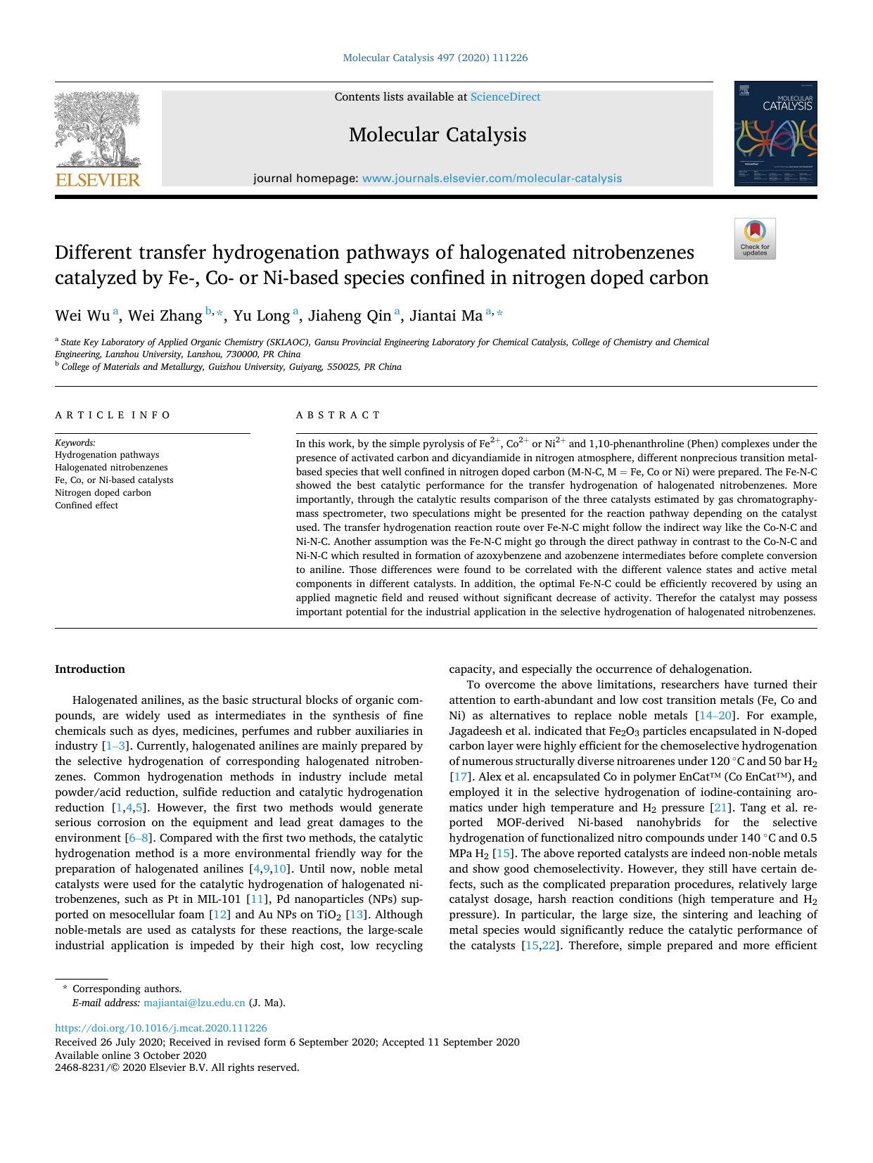 Different transfer hydrogenation pathways of halogenated nitrobenzenes catalyzed by Fe-, Co- or Ni-based species confined in nitrogen doped carbon by Wei Wu & Wei Zhang & Yu Long & Jiaheng Qin & Jiantai Ma
