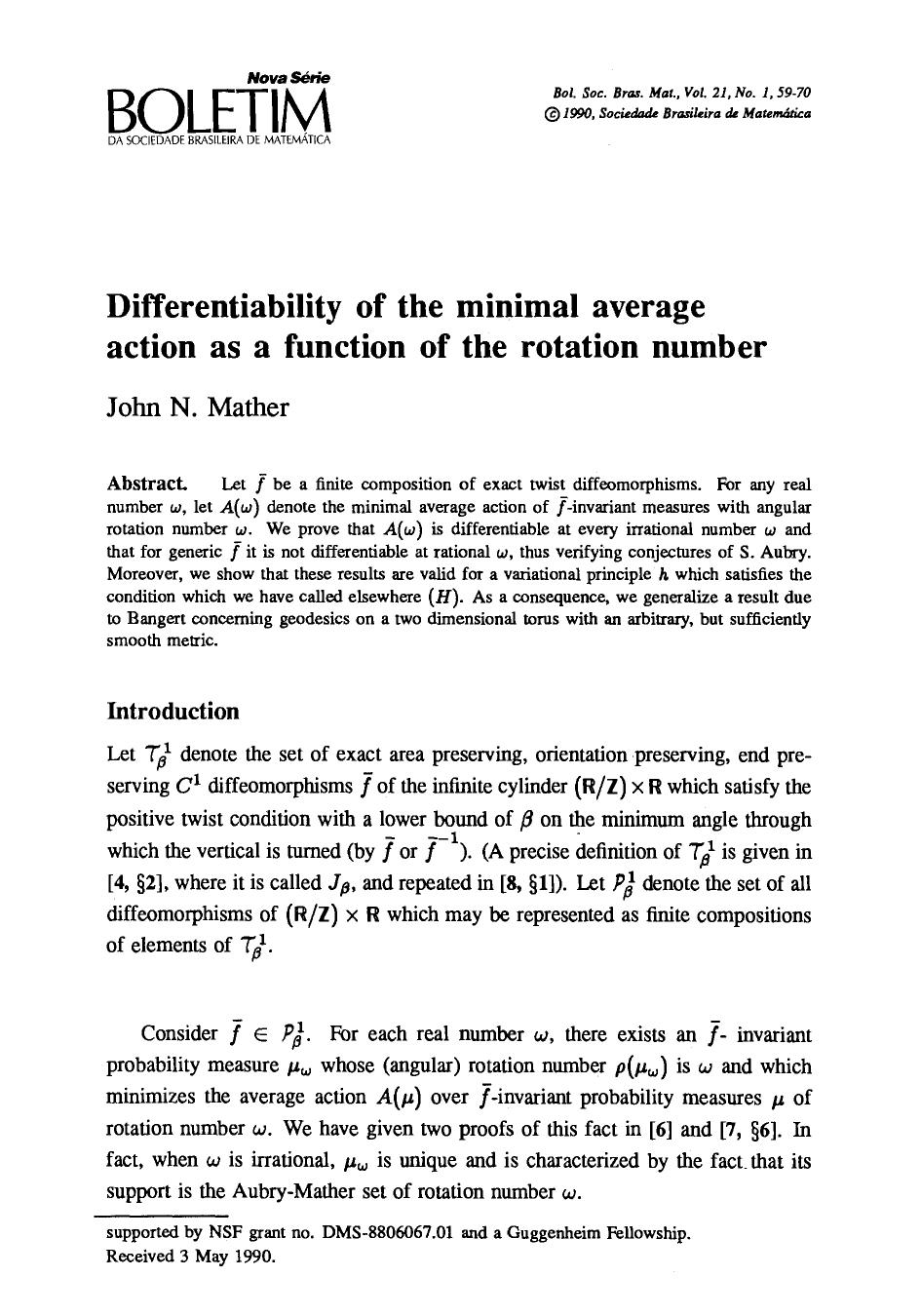 Differentiability of the minimal average action as a function of the rotation number by Unknown