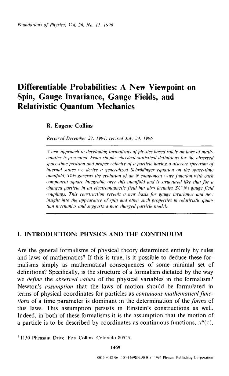 Differentiable probabilities: A new viewpoint on spin, gauge invariance, gauge fields, and relativistic quantum mechanics by Unknown