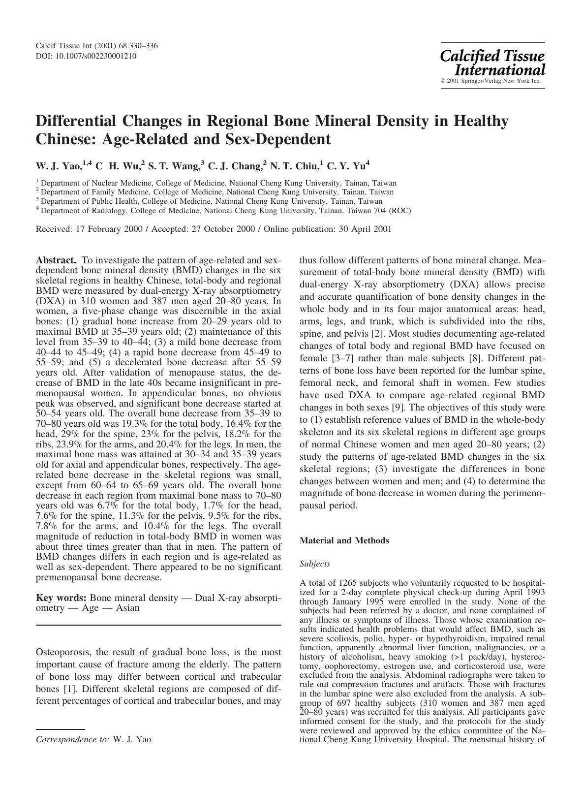 Differential Changes in Regional Bone Mineral Density in Healthy Chinese: Age-Related and Sex-Dependent by Yao W. et al