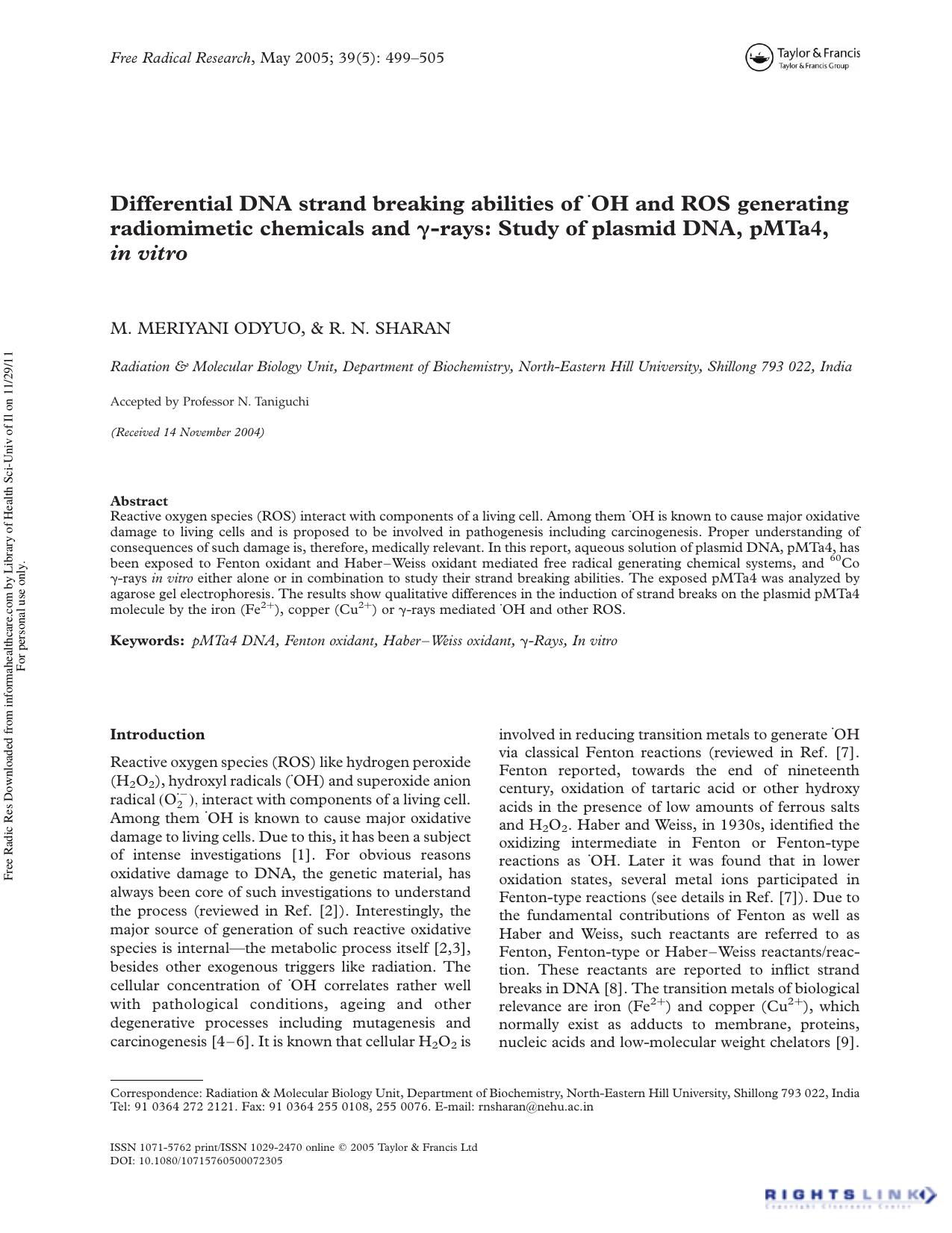 Differential DNA strand breaking abilities of âOH and ROS generating radiomimetic chemicals and Î³-rays: Study of plasmid DNA, pMTa4, in vitro by M. Meriyani Odyuo & R. N. Sharan