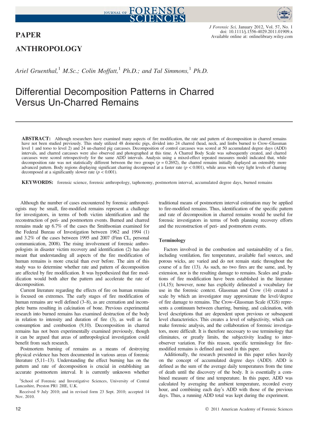 Differential Decomposition Patterns in Charred Versus UnCharred Remains by Unknown