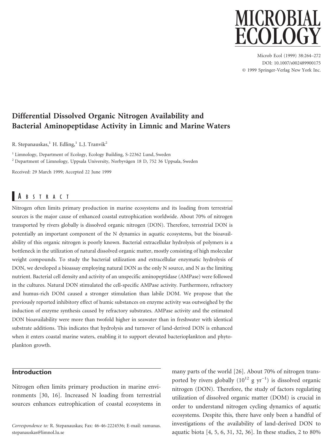 Differential Dissolved Organic Nitrogen Availability and Bacterial Aminopeptidase Activity in Limnic and Marine Waters by Stepanauskas R. et al