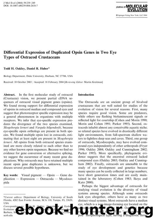 Differential Expression of Duplicated Opsin Genes in Two Eye Types of Ostracod Crustaceans by Oakley T.H. et al