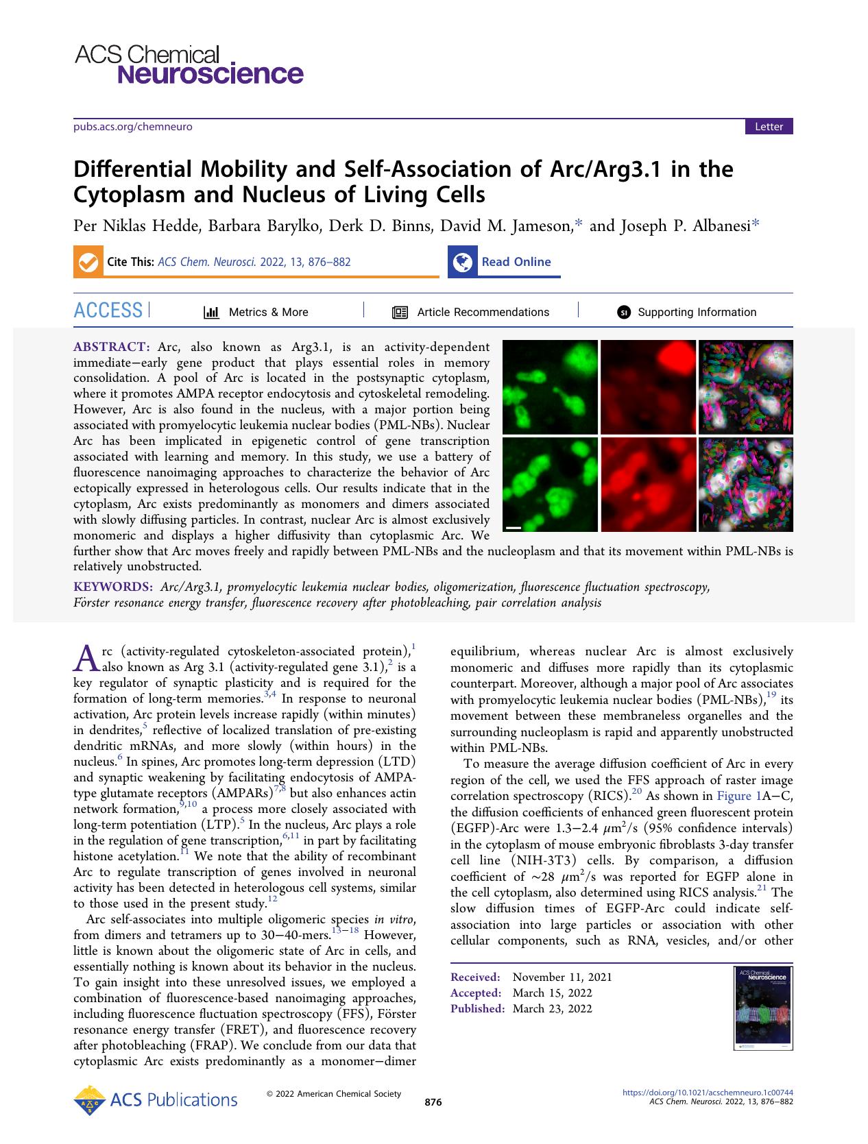 Differential Mobility and Self-Association of ArcArg3.1 in the Cytoplasm and Nucleus of Living Cells by Per Niklas Hedde Barbara Barylko Derk D. Binns David M. Jameson and Joseph P. Albanesi