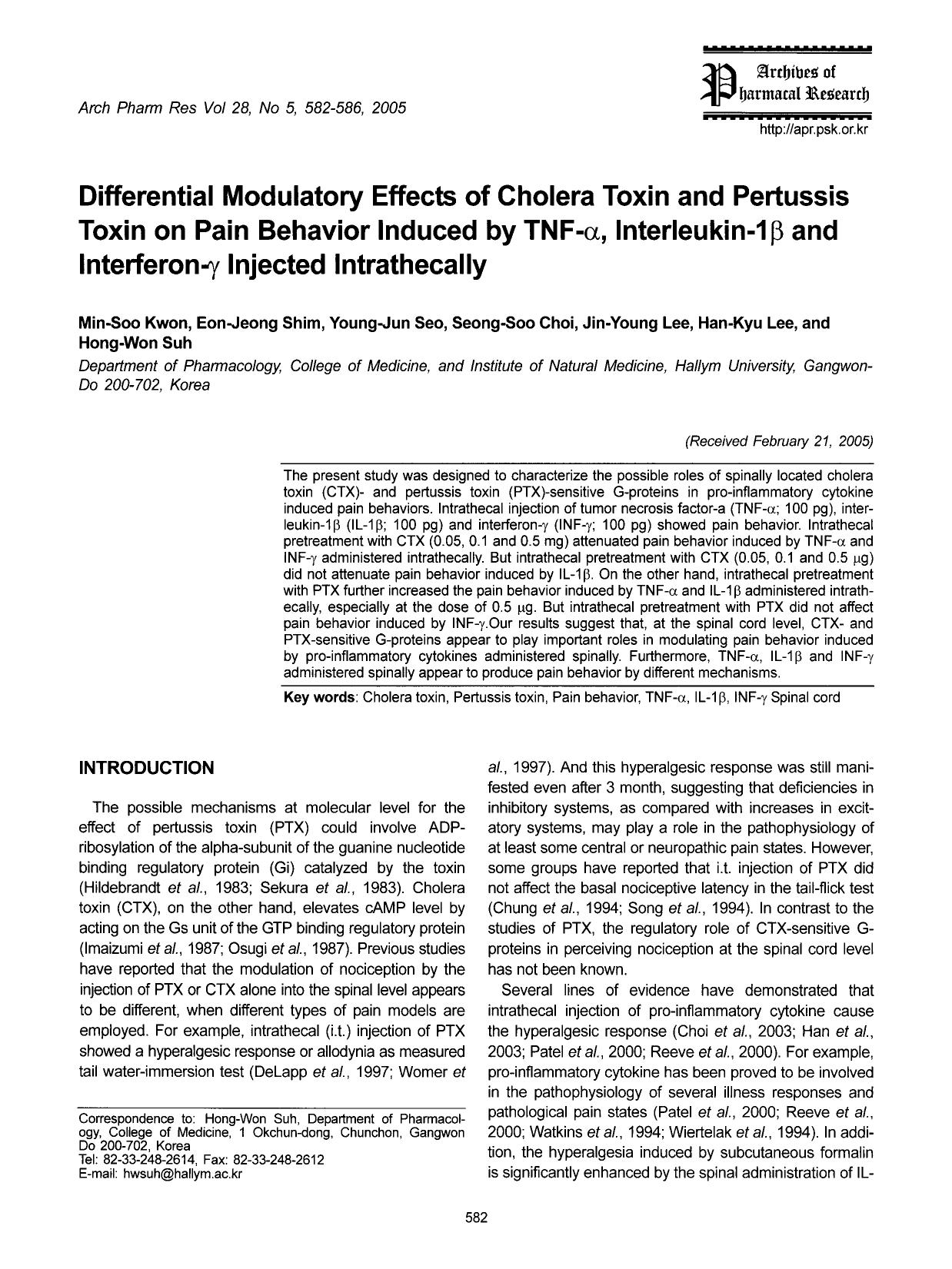 Differential Modulatory Effects of Cholera Toxin and Pertussis Toxin on Pain Behavior Induced by TNF-a, lnterleukin-1&#x03B2; and Interferon- Injected Intrathecally by Unknown
