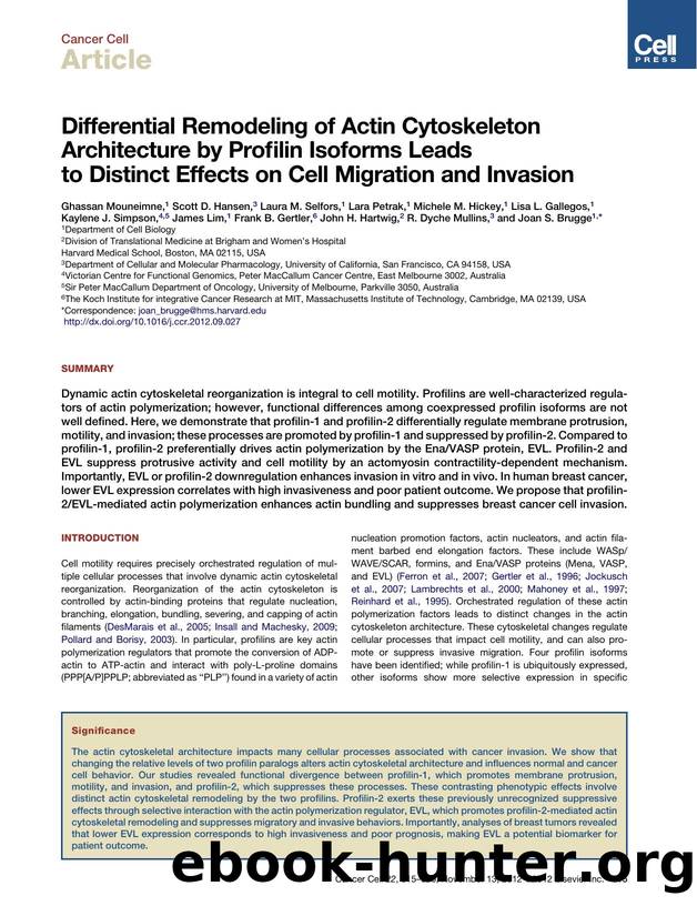 Differential Remodeling of Actin Cytoskeleton Architecture by Proï¬lin Isoforms Leads to Distinct Effects on Cell Migration and Invasion by Ghassan Mouneimne et al