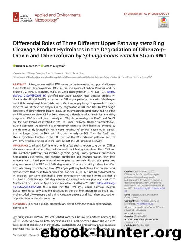 Differential Roles of Three Different Upper Pathway meta Ring Cleavage Product Hydrolases in the Degradation of Dibenzo-p-Dioxin and Dibenzofuran by Sphingomonas wittichii Strain RW1 by Thamer Y. Mutter & Gerben J. Zylstra