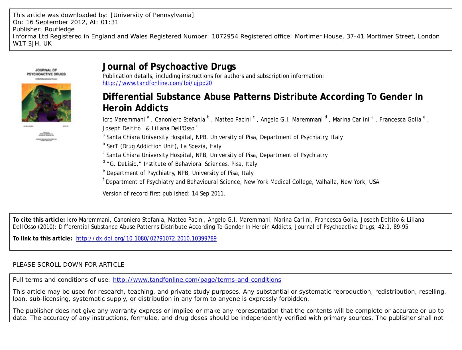 Differential Substance Abuse Patterns Distribute According To Gender In Heroin Addicts by unknow