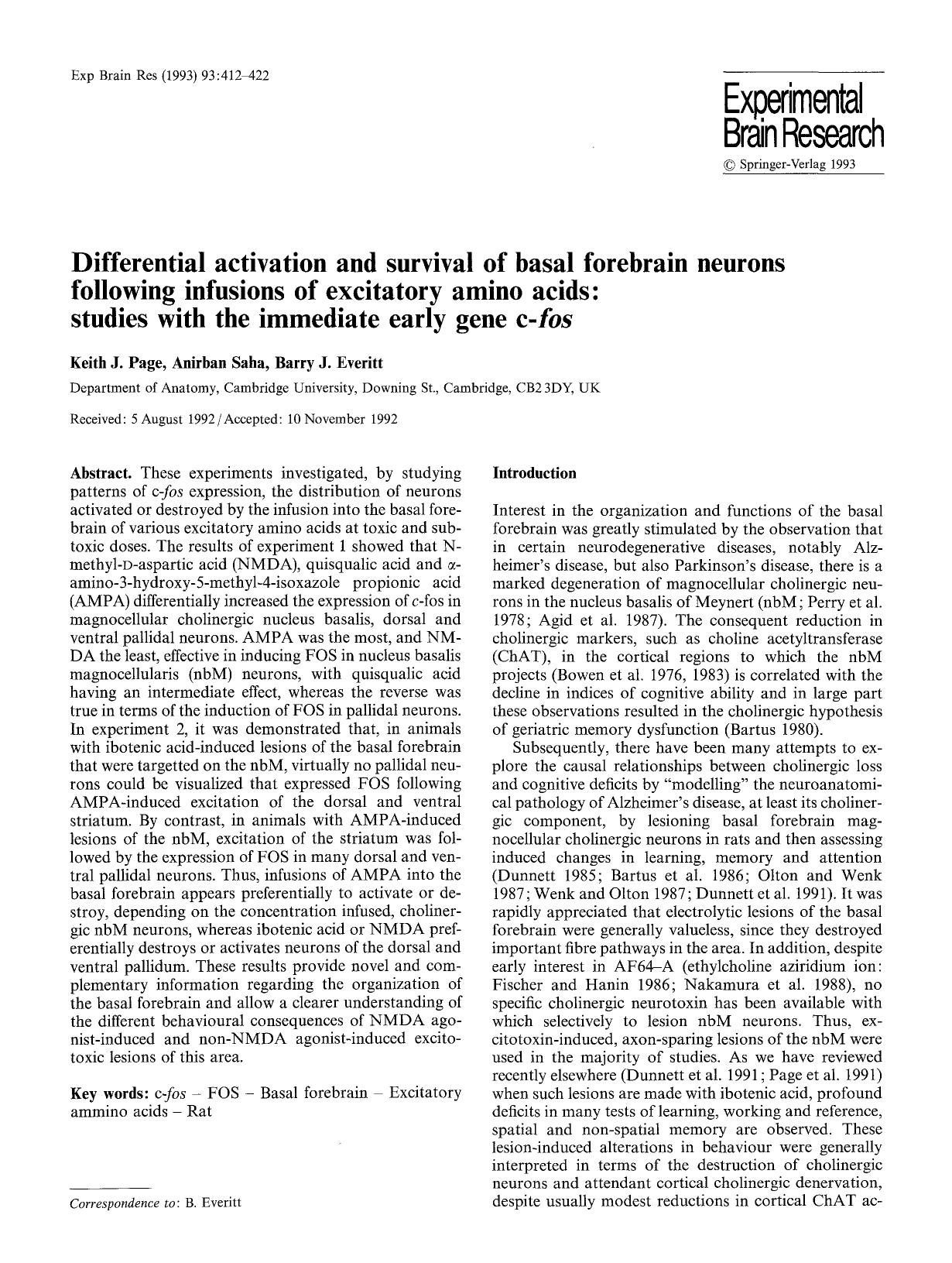 Differential activation and survival of basal forebrain neurons following infusions of excitatory amino acids: studies with the immediate early gene c-<Emphasis Type="Italic">fos<Emphasis> by Unknown