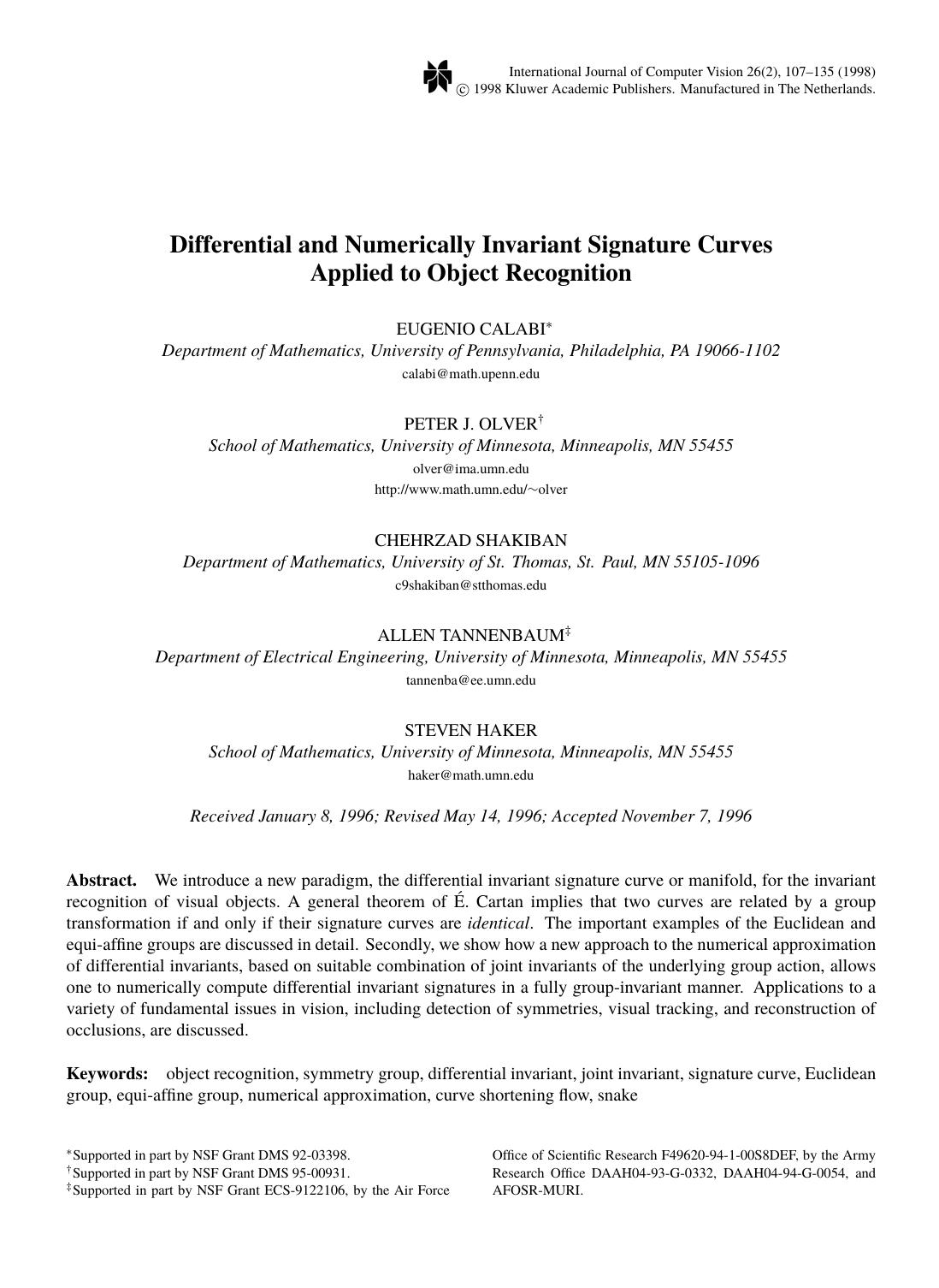 Differential and Numerically Invariant Signature Curves Applied to Object Recognition by Differential & Numerically Invariant Signature Curves Applied to Object Recognition