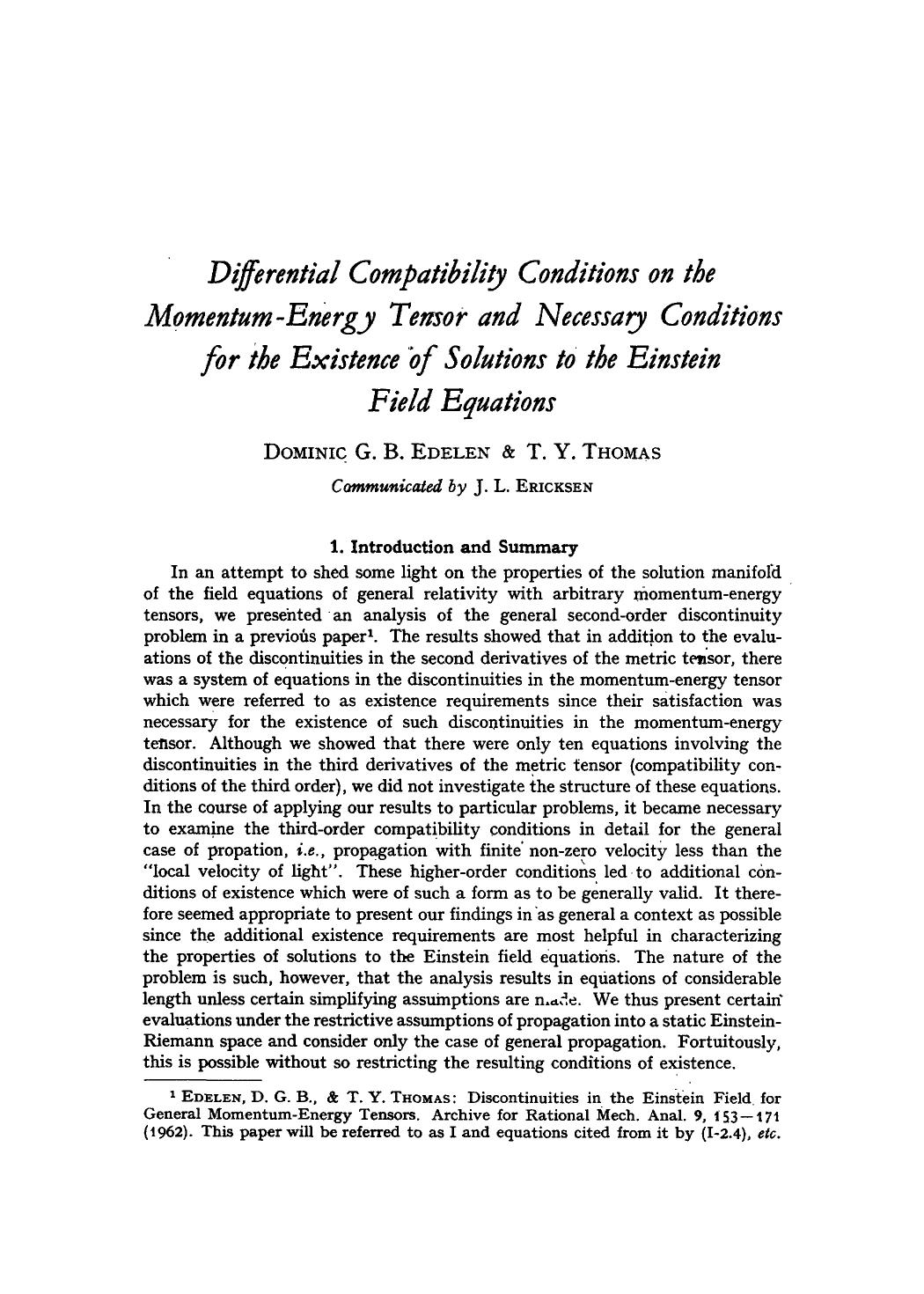 Differential compatibility conditions on the momentum-energy tensor and necessary conditions for the existence of solutions to the Einstein field equations by Unknown