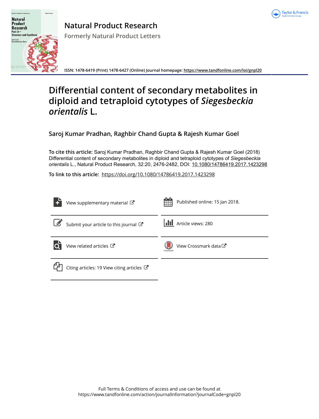 Differential content of secondary metabolites in diploid and tetraploid cytotypes of Siegesbeckia orientalis L. by Saroj Kumar Pradhan & Raghbir Chand Gupta & Rajesh Kumar Goel