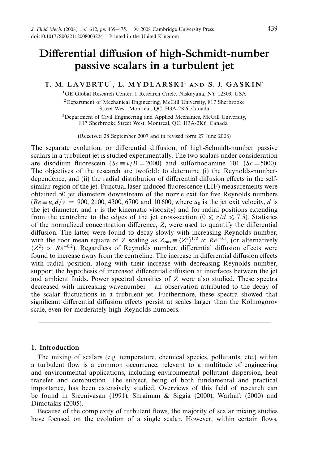 Differential diffusion of high-Schmidt-number passive scalars in a turbulent jet by T. M. LAVERTU L. MYDLARSKI S. J. GASKIN
