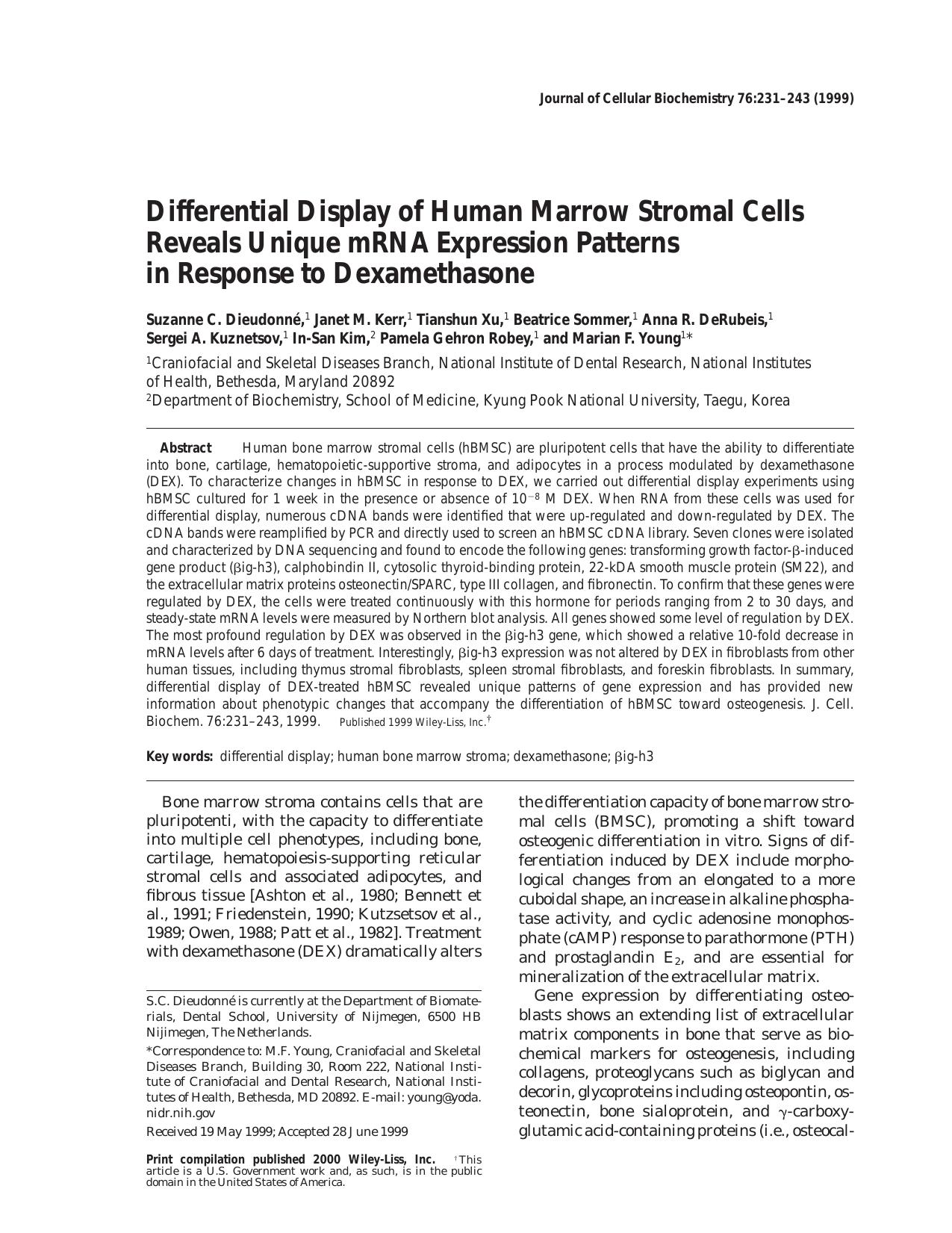 Differential display of human marrow stromal cells reveals unique mRNA expression patterns in response to dexamethasone by Unknown