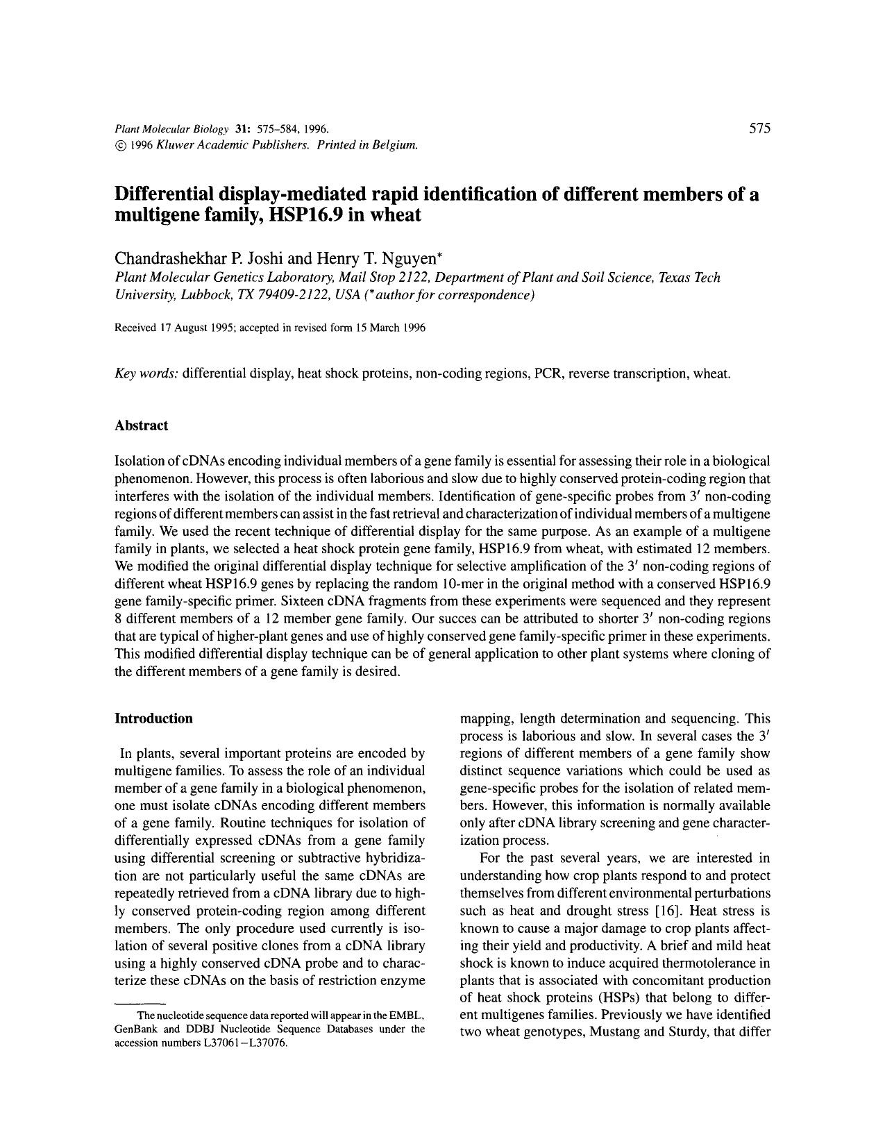 Differential display-mediated rapid identification of different members of a multigene family, HSP16.9 in wheat by Unknown