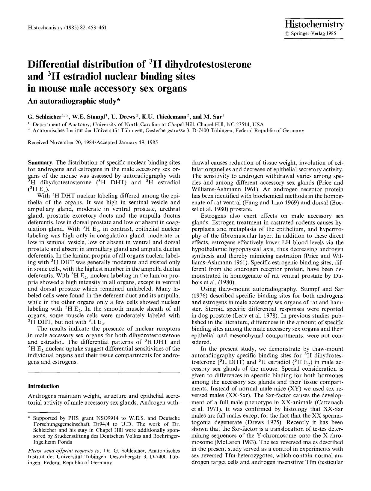 Differential distribution of <Superscript>3 <Superscript>H dihydrotestosterone and <Superscript>3 <Superscript>H estradiol nuclear binding sites in mouse male accessory sex organs by Unknown
