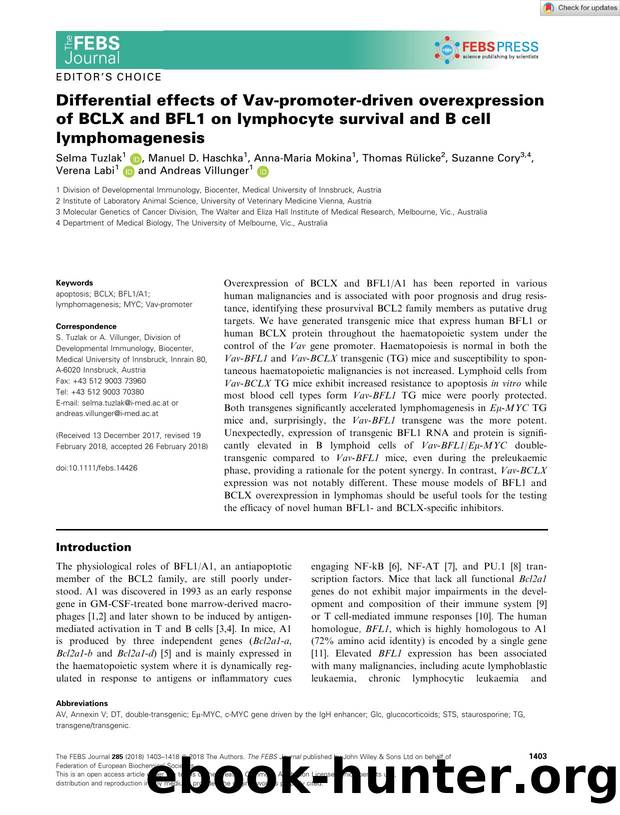 Differential effects of Vavâpromoterâdriven overexpression of BCLX and BFL1 on lymphocyte survival and B cell lymphomagenesis by Unknown