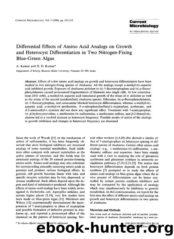 Differential effects of amino acid analogs on growth and heterocyst differentiation in two nitrogen-fixing blue-green algae by Unknown