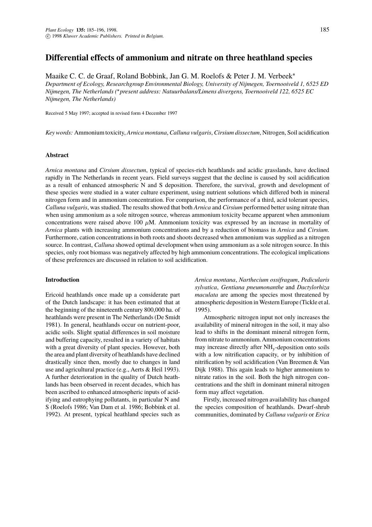 Differential effects of ammonium and nitrate on three heathland species by Unknown