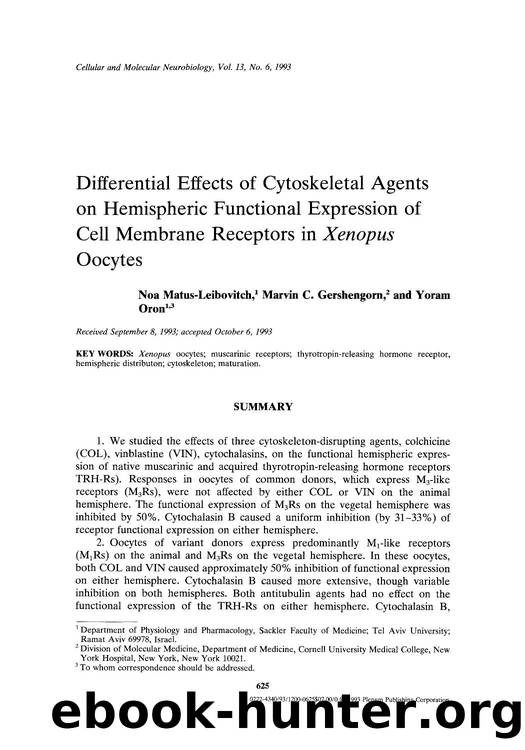 Differential effects of cytoskeletal agents on hemispheric functional expression of cell membrane receptors in <Emphasis Type="Italic">xenopus <Emphasis> oocytes by Unknown