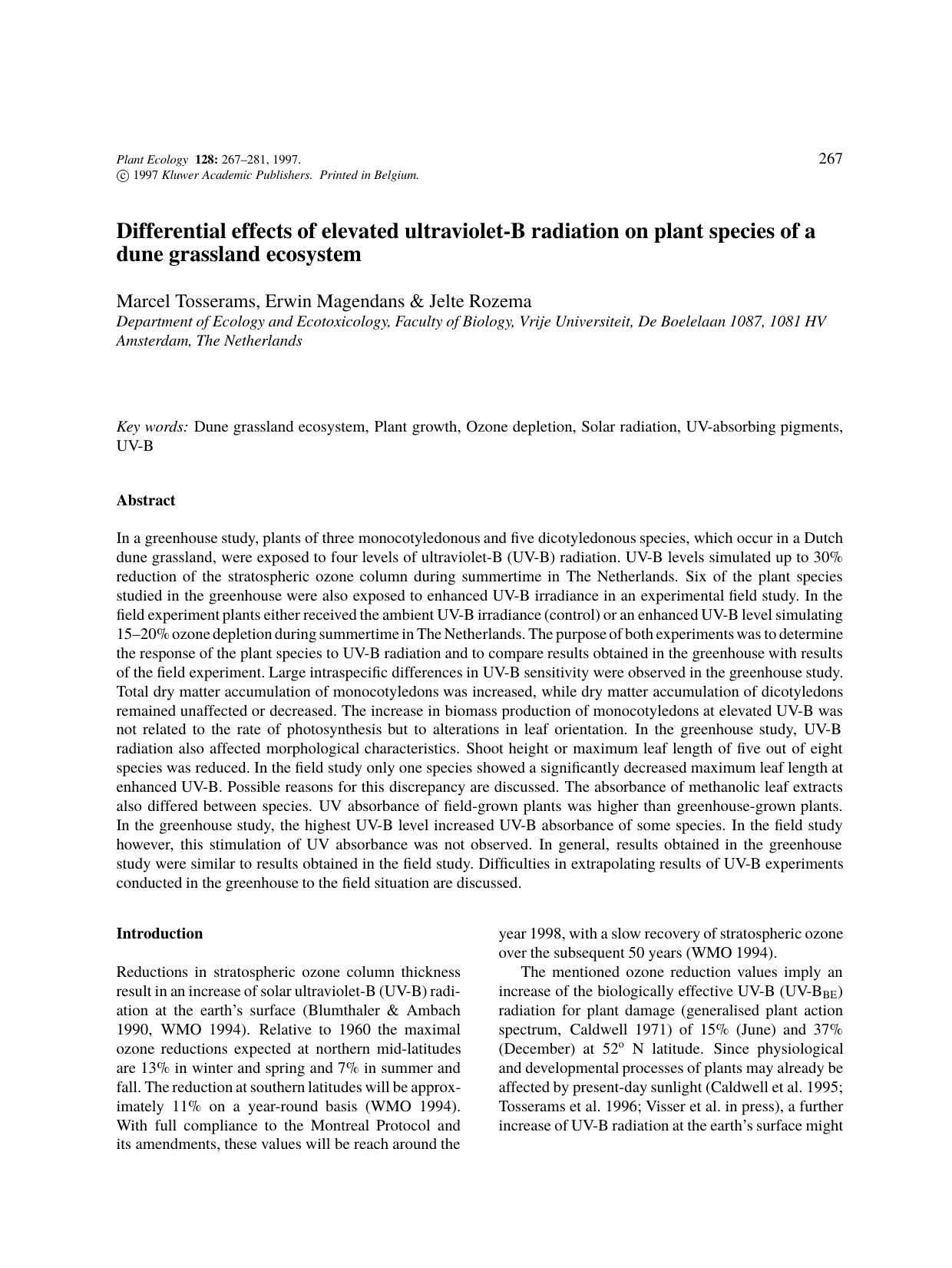 Differential effects of elevated ultraviolet-B radiation on plant species of a dune grassland ecosystem by Unknown