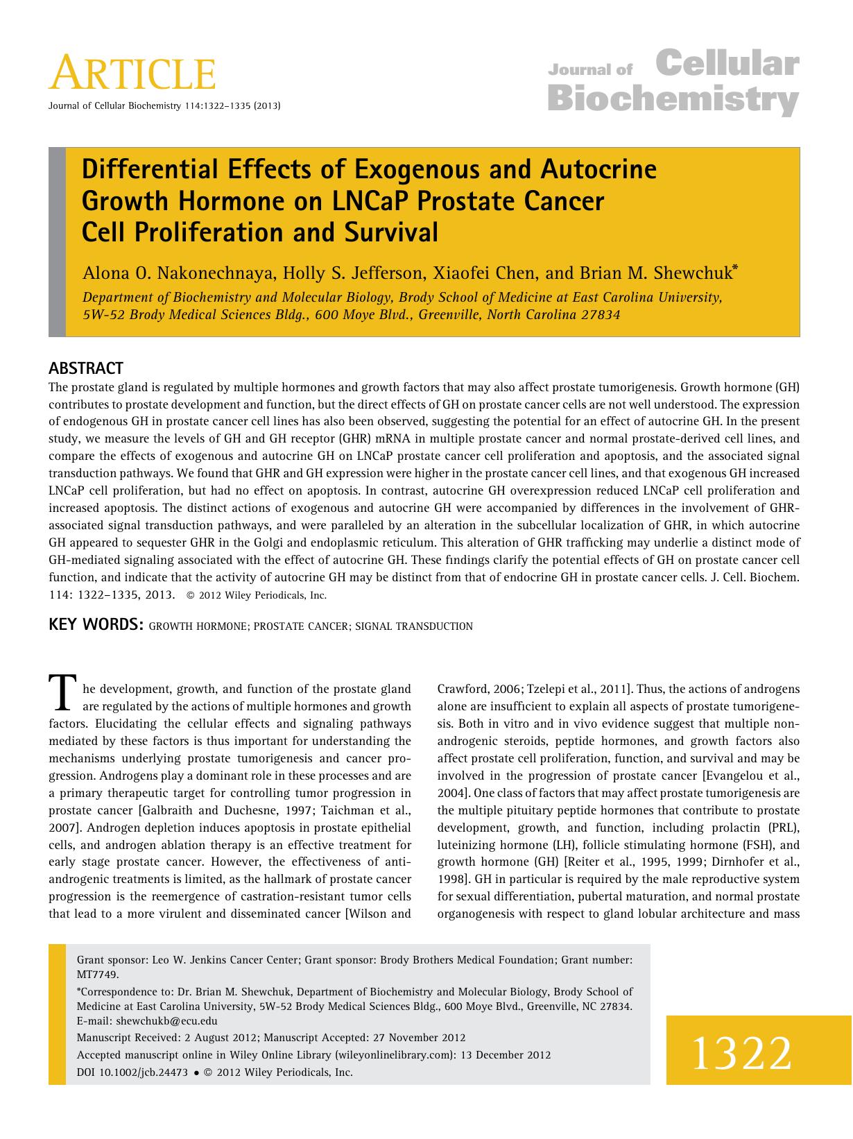 Differential effects of exogenous and autocrine growth hormone on LNCaP prostate cancer cell proliferation and survival by Unknown