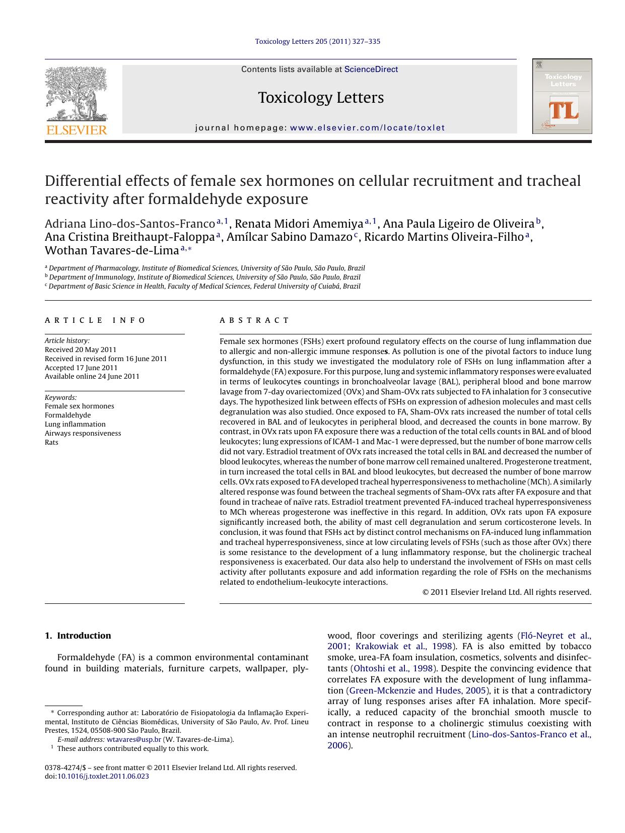 Differential effects of female sex hormones on cellular recruitment and tracheal reactivity after formaldehyde exposure by Adriana Lino-dos-Santos-Franco