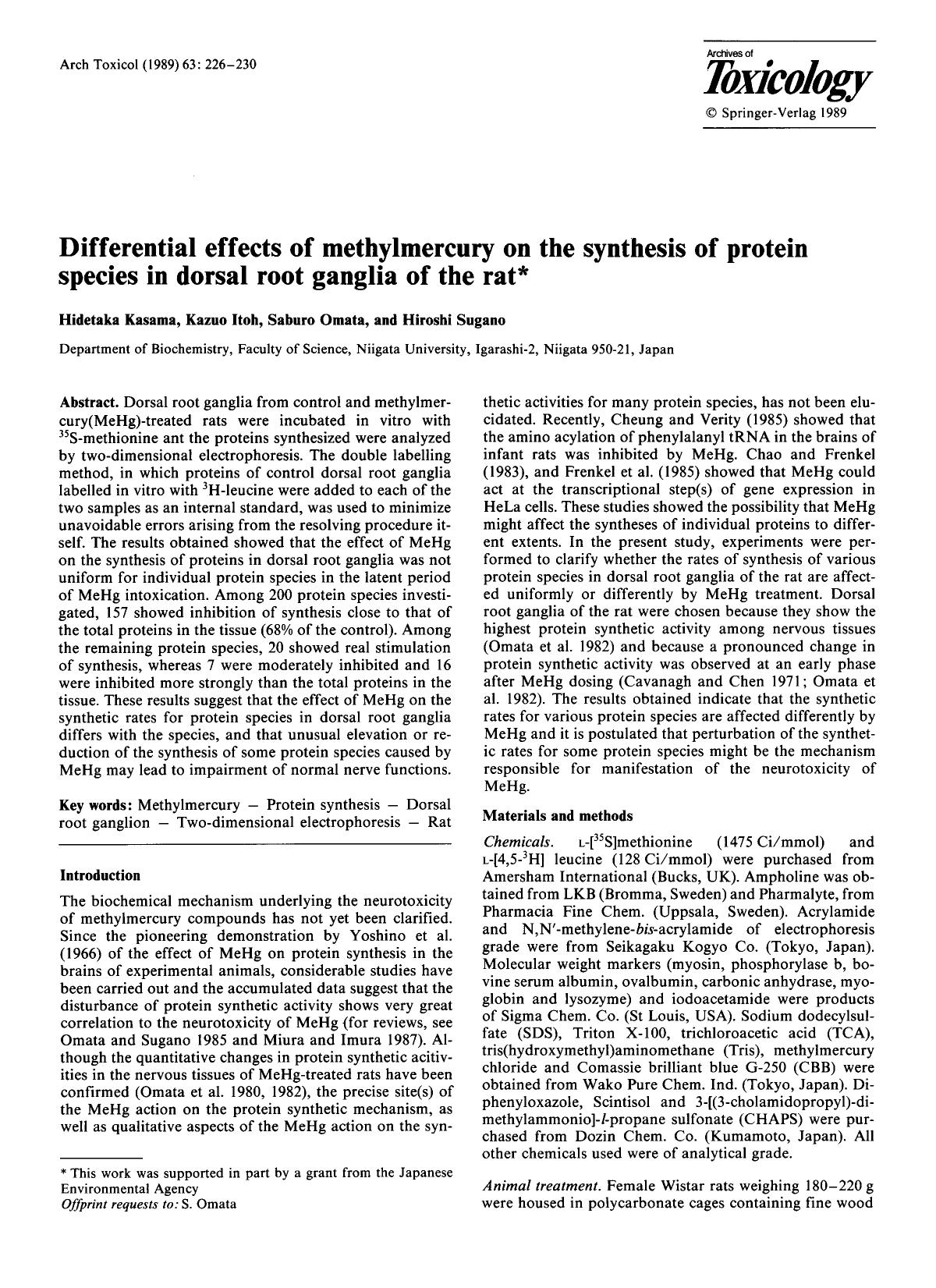 Differential effects of methylmercury on the synthesis of protein species in dorsal root ganglia of the rat by Unknown