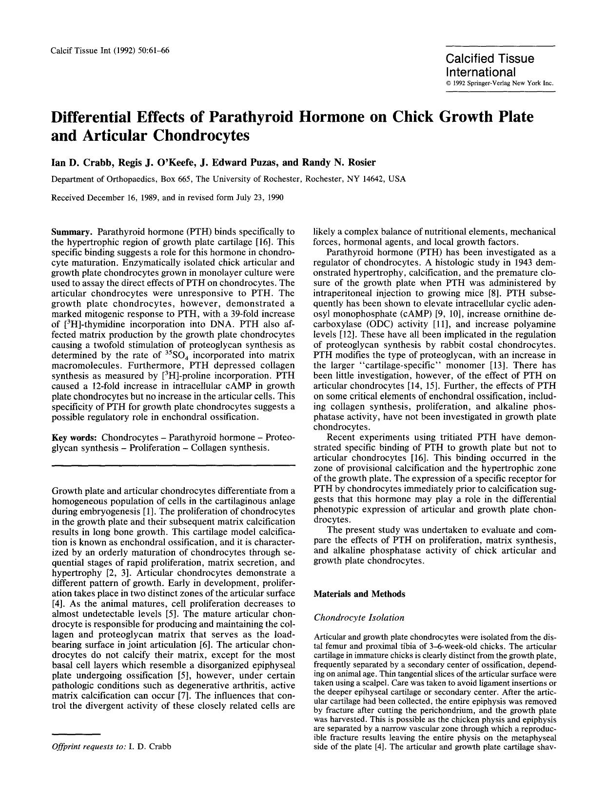 Differential effects of parathyroid hormone on chick growth plate and articular chondrocytes by Unknown