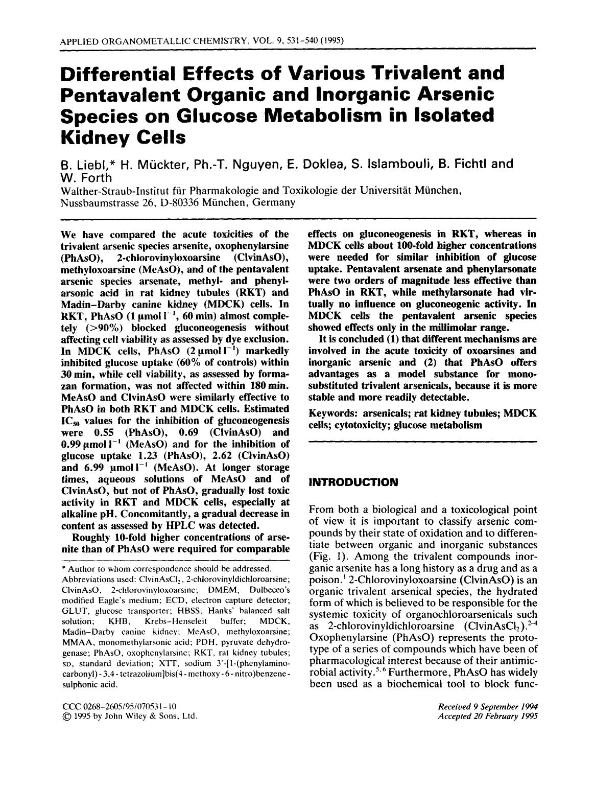 Differential effects of various trivalent and pentavalent organic and inorganic arsenic species on glucose metabolism in isolated kidney cells by Unknown
