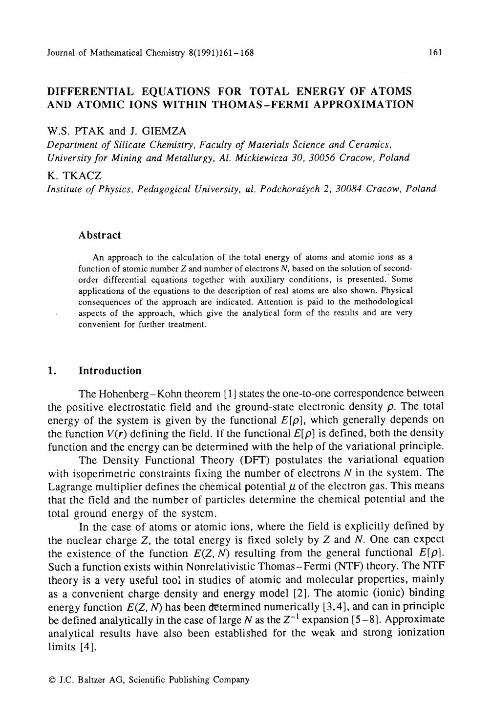 Differential equations for total energy of atoms and atomic ions within thomas-fermi approximation by Unknown