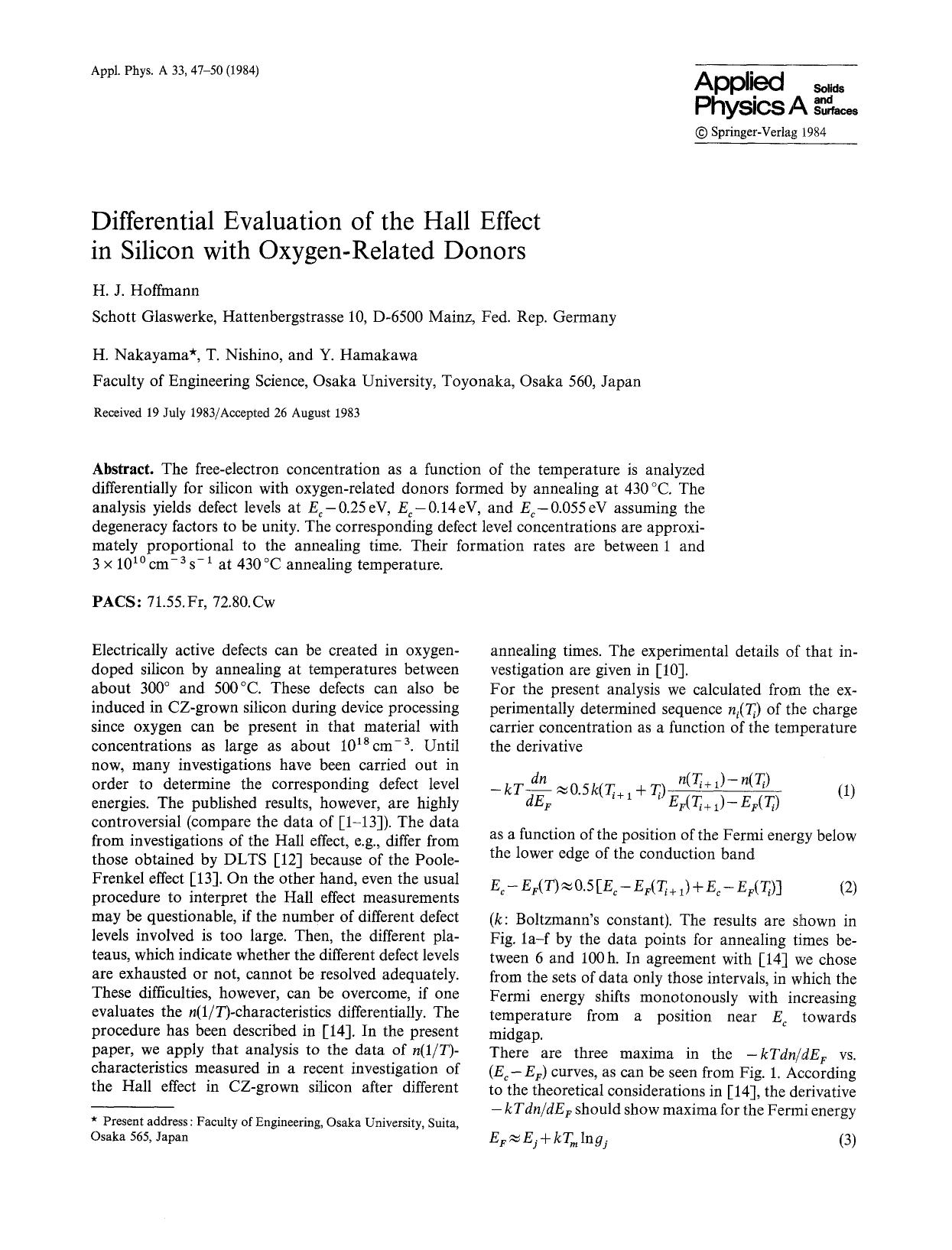 Differential evaluation of the Hall effect in silicon with oxygen-related donors by Unknown