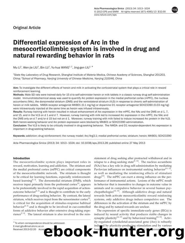 Differential expression of Arc in the mesocorticolimbic system is involved in drug and natural rewarding behavior in rats by Mu Li & Wen-jie Liu & Bin Lu & Yu-hua Wang & Jing-gen Liu