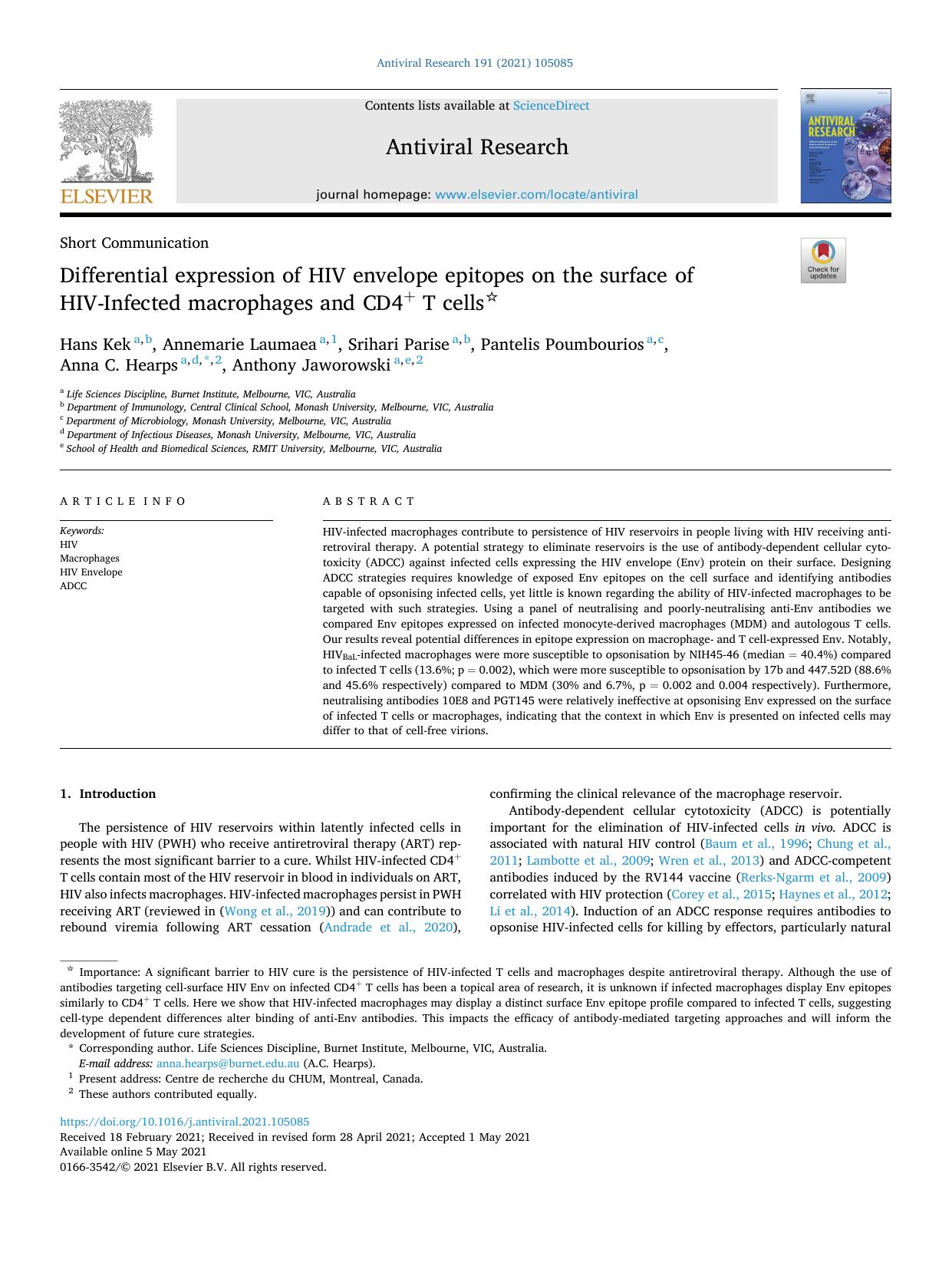 Differential expression of HIV envelope epitopes on the surface of HIV-Infected macrophages and CD4+ T cells by unknow