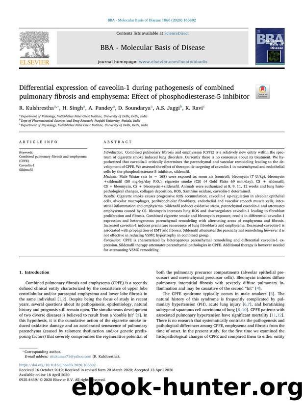Differential expression of caveolin-1 during pathogenesis of combined pulmonary fibrosis and emphysema_ Effect of phosphodiesterase-5 inhibitor by R. Kulshrestha & H. Singh & A. Pandey & D. Soundarya & A.S. Jaggi & K. Ravi
