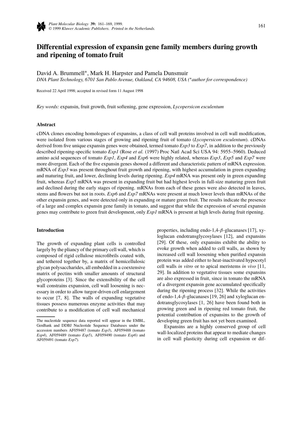 Differential expression of expansin gene family members during growth and ripening of tomato fruit by Unknown
