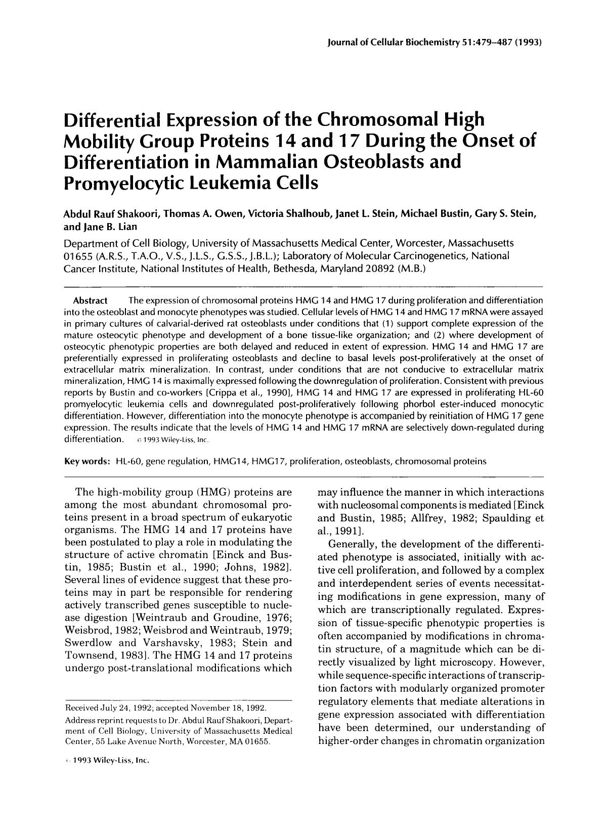 Differential expression of the chromosomal high mobility group proteins 14 and 17 during the onset of differentiation in mammalian osteoblasts and promyelocytic leukemia cells by Unknown