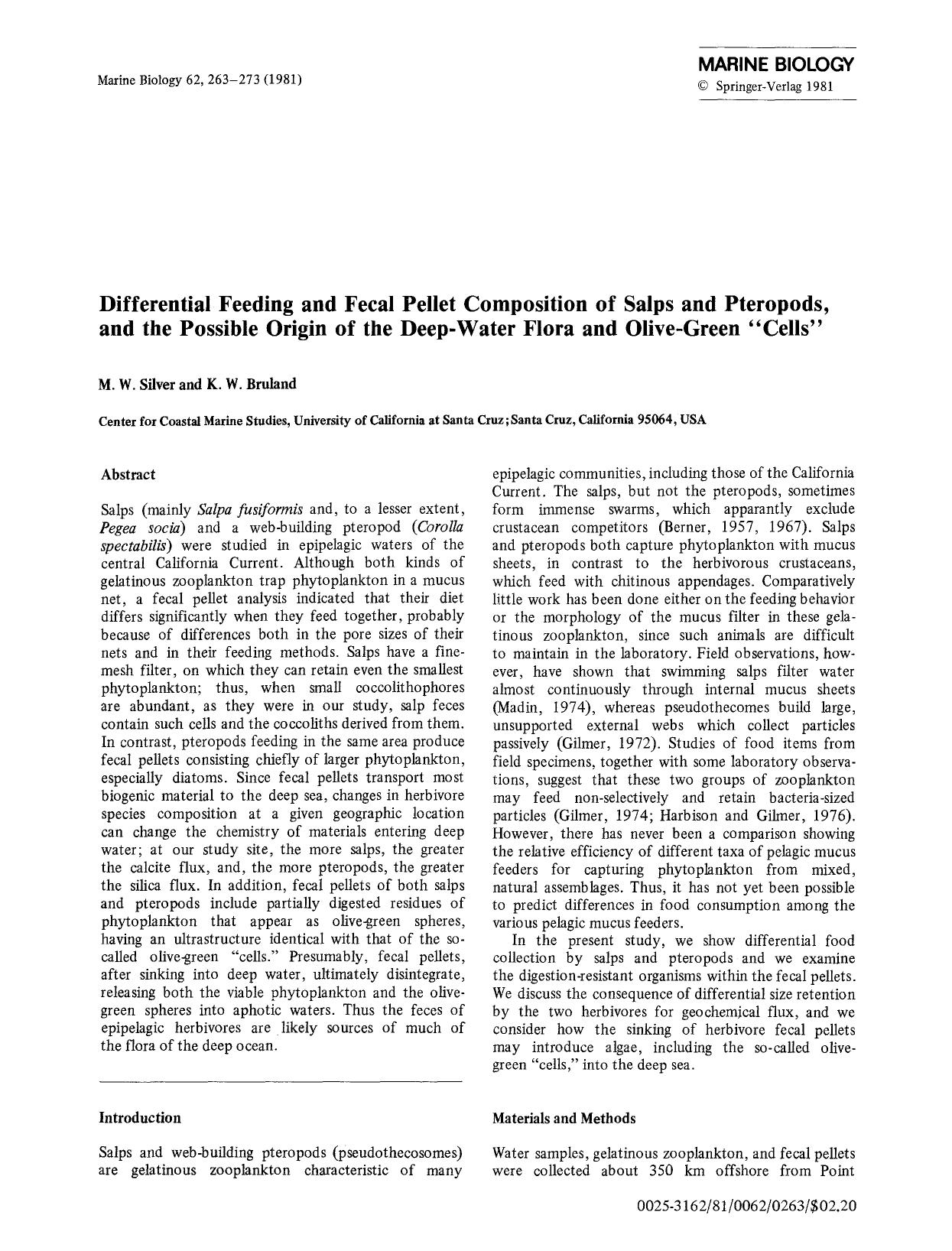 Differential feeding and fecal pellet composition of salps and pteropods, and the possible origin of the deep-water flora and olive-green &#x201C;Cells&#x201D; by Unknown