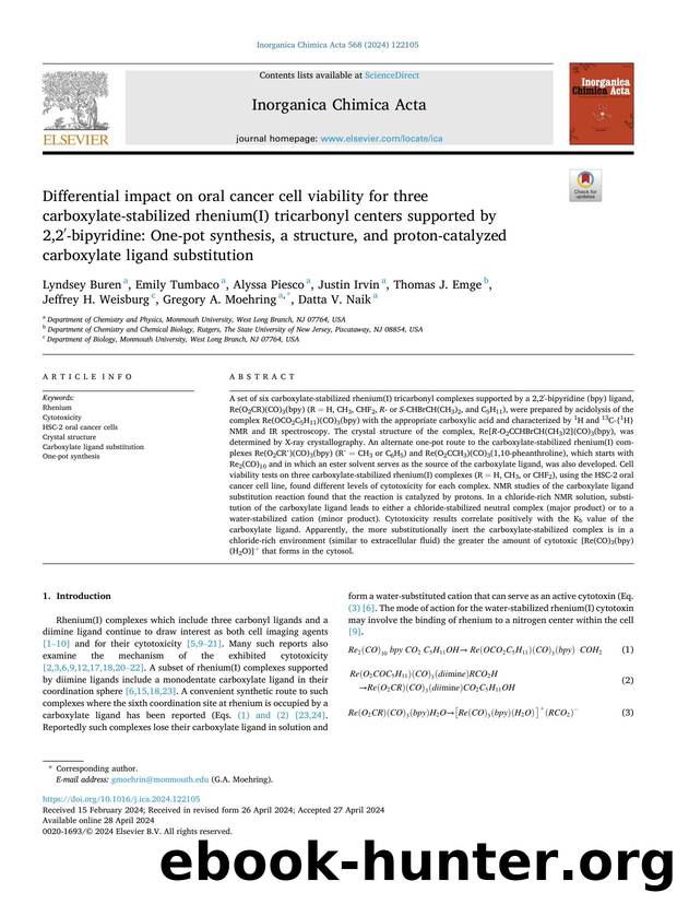 Differential impact on oral cancer cell viability for three carboxylate-stabilized rhenium(I) tricarbonyl centers supported by 2,2â²-bipyridine: One-pot synthesis, a structure, an by unknow