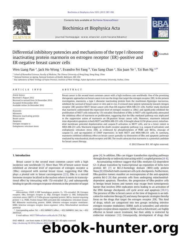 Differential inhibitory potencies and mechanisms of the type I ribosome inactivating protein marmorin on estrogen receptor (ER)-positive and ER-negative breast cancer cells by Wen Liang Pan & Jack Ho Wong & Evandro Fei Fang & Yau Sang Chan & Xiu Juan Ye & Tzi Bun Ng