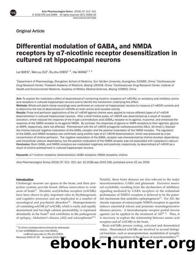 Differential modulation of GABAA and NMDA receptors by Î±7-nicotinic receptor desensitization in cultured rat hippocampal neurons by Lei Shen & Wen-yu Cui & Ru-zhu Chen & Hai Wang