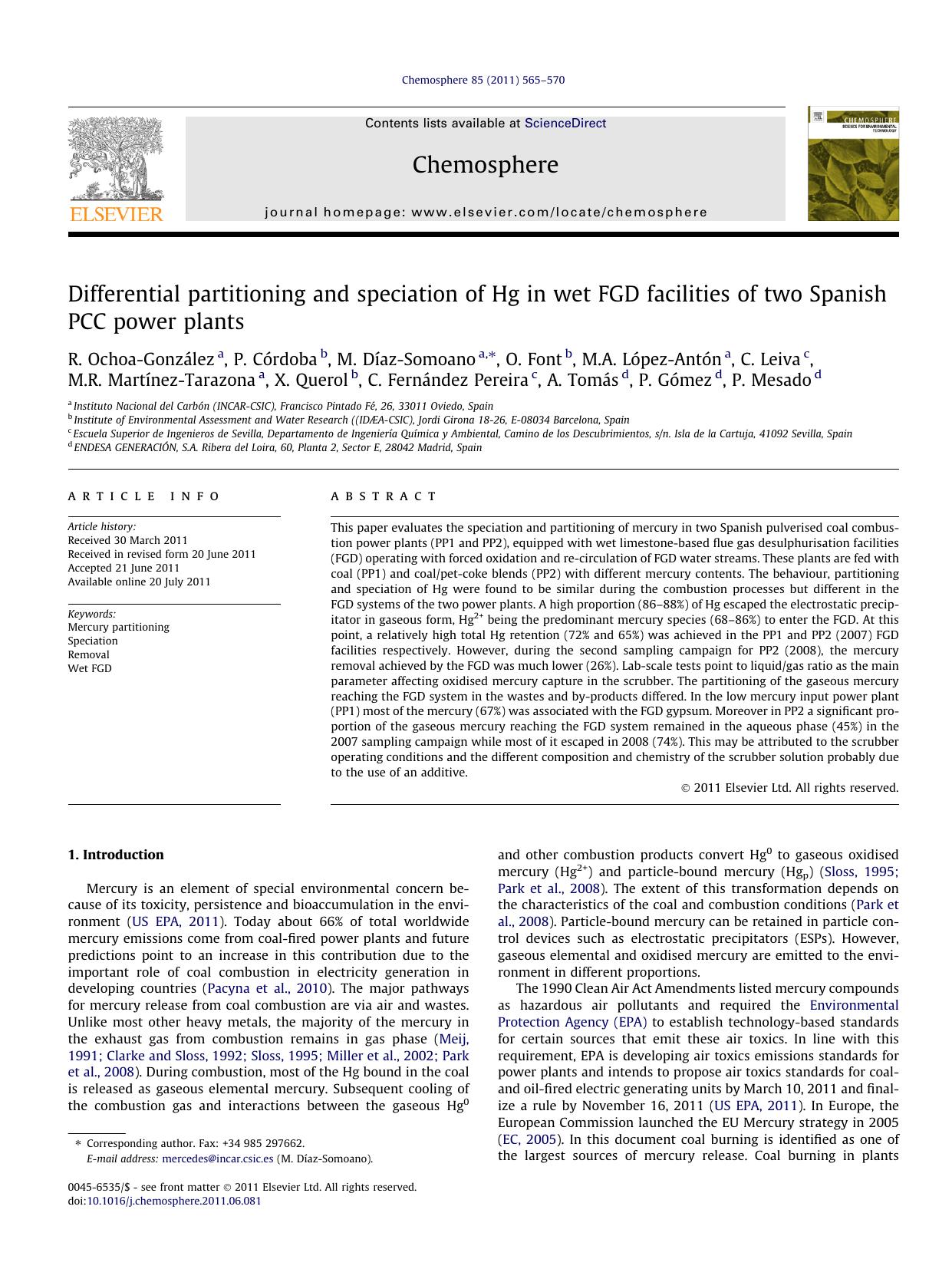 Differential partitioning and speciation of Hg in wet FGD facilities of two Spanish PCC power plants by unknow