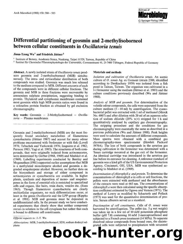 Differential partitioning of geosmin and 2-methylisoborneol between cellular constituents in <Emphasis Type="Italic">Oscillatoria tenuis<Emphasis> by Unknown