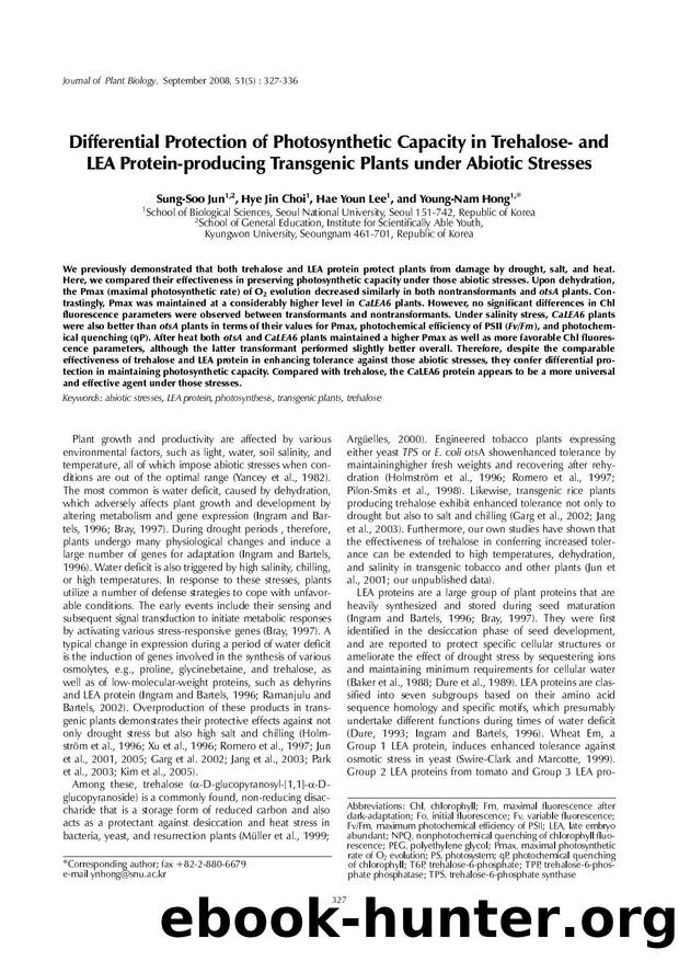 Differential protection of photosynthetic capacity in trehalose-and lea protein-producing transgenic plants under abiotic stresses by Unknown