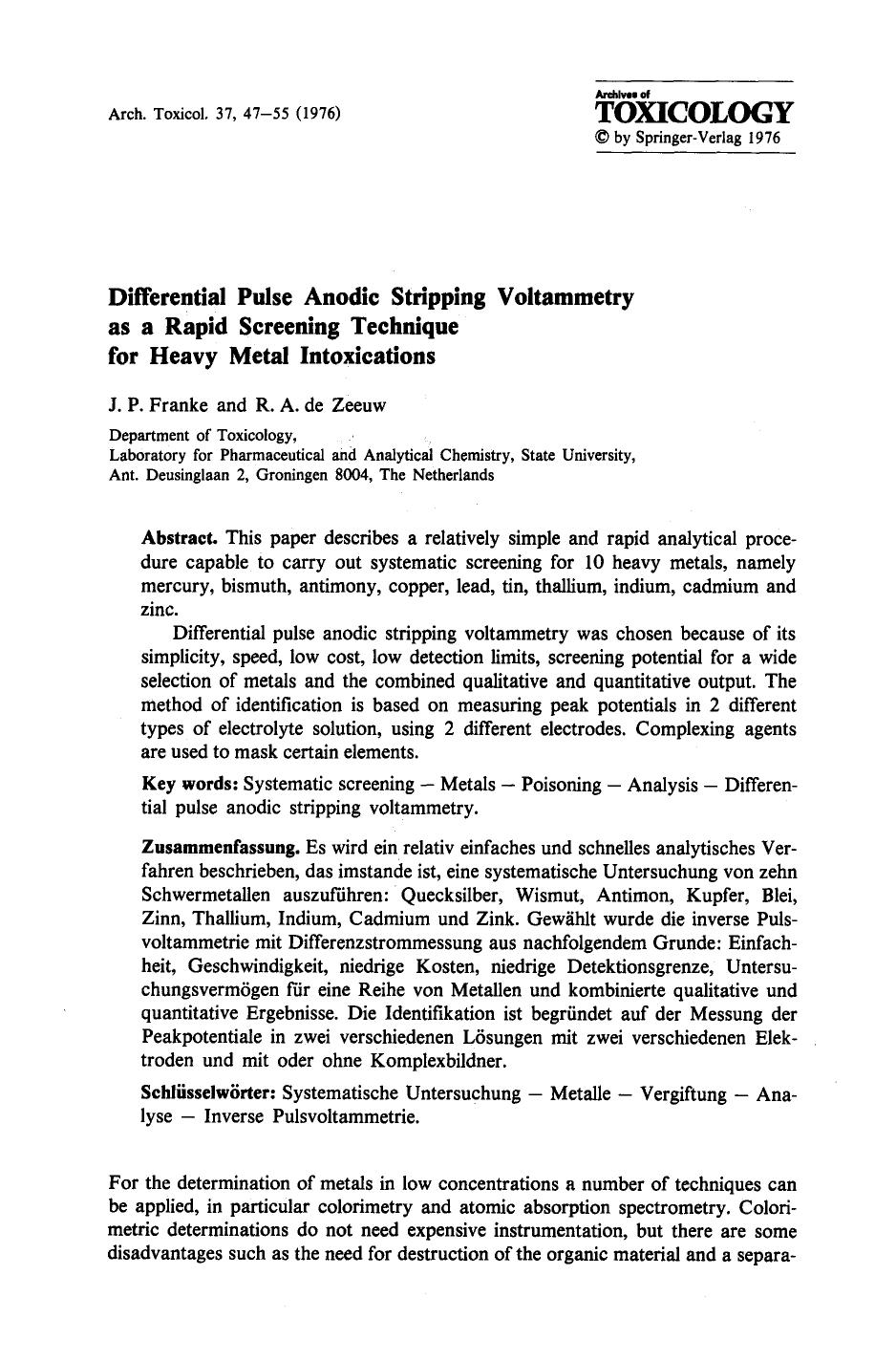 Differential pulse anodic stripping voltammetry as a rapid screening technique for heavy metal intoxications by Unknown